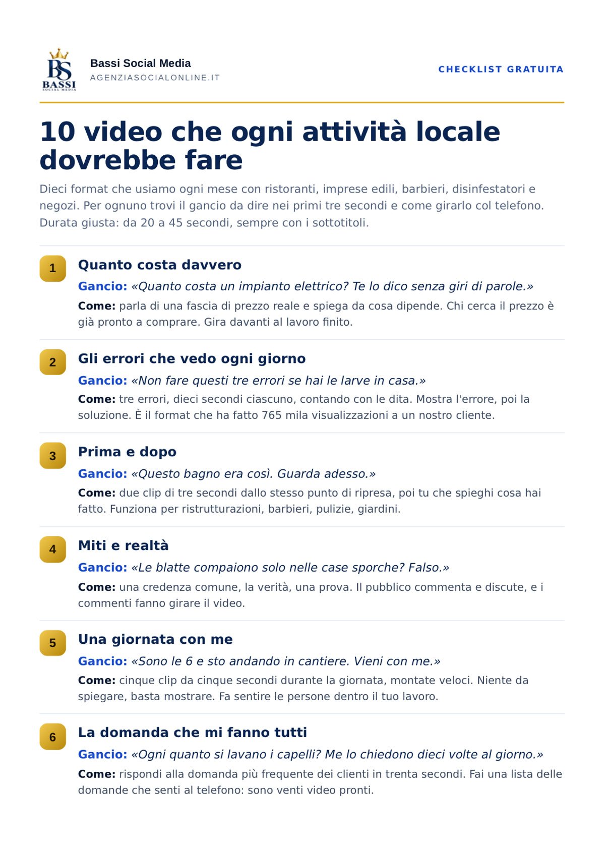 Copertina della checklist di Bassi Social Media: 10 video che ogni attività locale dovrebbe fare