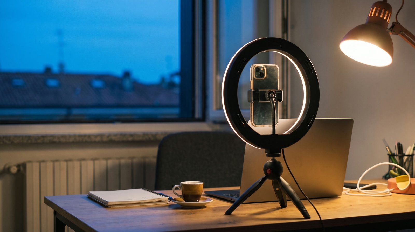 Il set per i video aziendali di Bassi Social Media: telefono sul treppiede con ring light sulla scrivania, la sera